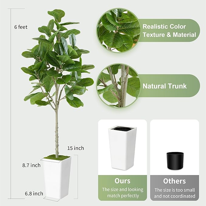 ProDeco Artificial Fiddle Leaf Fig Tree 6ft - Realistic Tall Fake Plants for Office Home Living Room Bedroom Decor Indoor Outdoor - Green Large Silk Faux Floor Plant with Pot