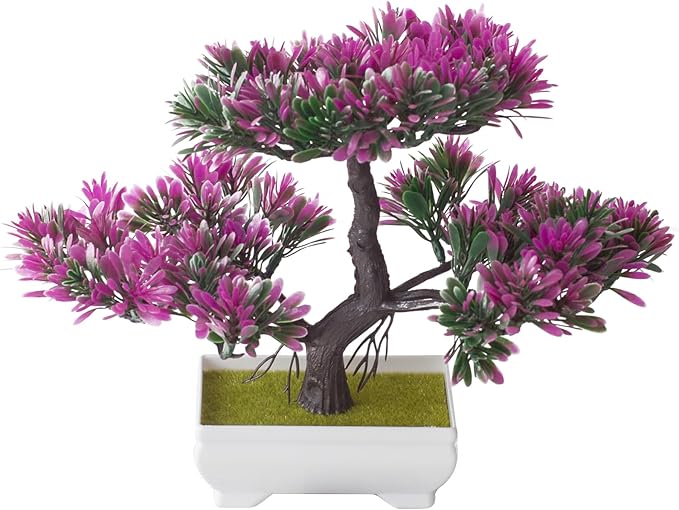 Mini Artificial Bonsai Tree Fake Plants - Artificial Plant Welcome Pine Treewith Plastic Cement Pots for Home Office Décor (Magenta)