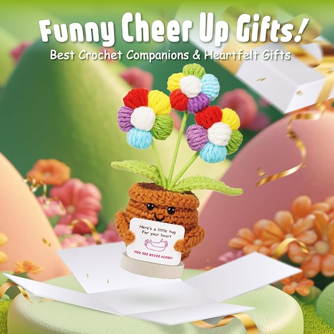 penzoos Hug Daisy – Handmade Crochet Support Flower, Colorful Knitted Plant with “Here’s a Hug” Card, Gift for Birthday, Graduation, Get Well, Holidays & Encouragement