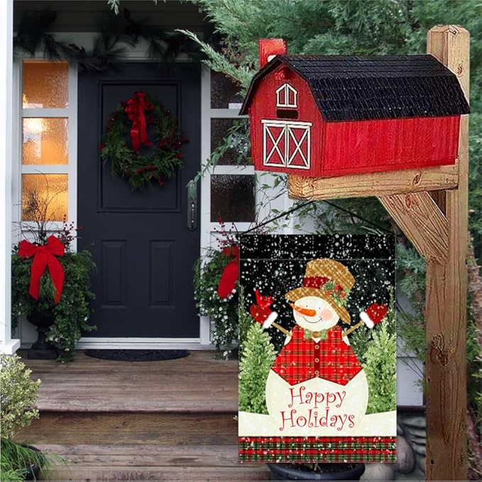 Snowman Garden Flag 12.5 x 18 Inch Double Sided Home Decor, Happy Holiday Christmas New Year House Outside Outdoor Winter Burlap Banner Yard Flag Decoration