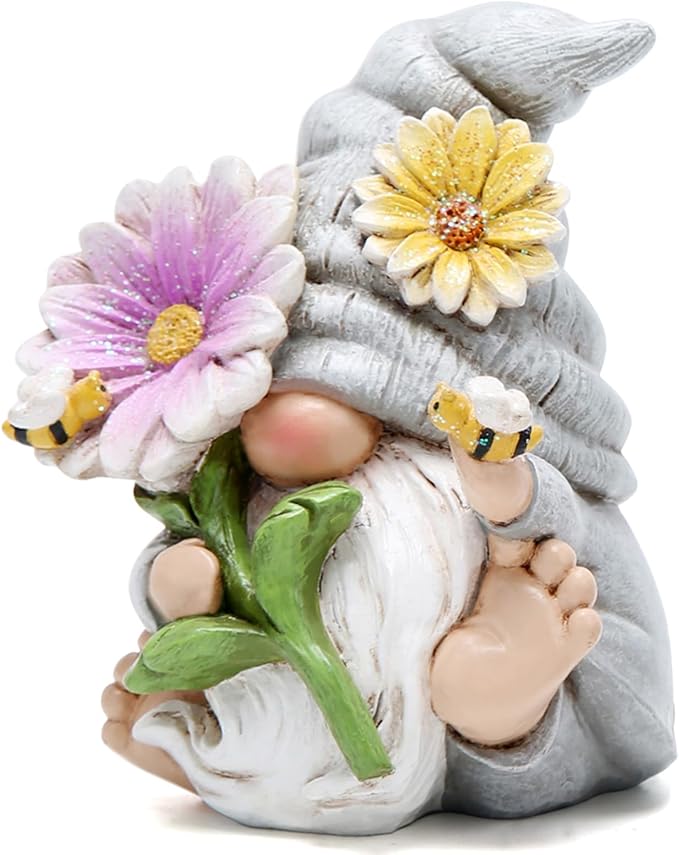 Hodao Spring Gnome Decoration Flower Elf Ornaments Decor Gifts Summer Gnome Figurines Spring Gnoms for Garden Decor Gifts for Outdoor Decor for Mom, Grandma (Grey-Man)