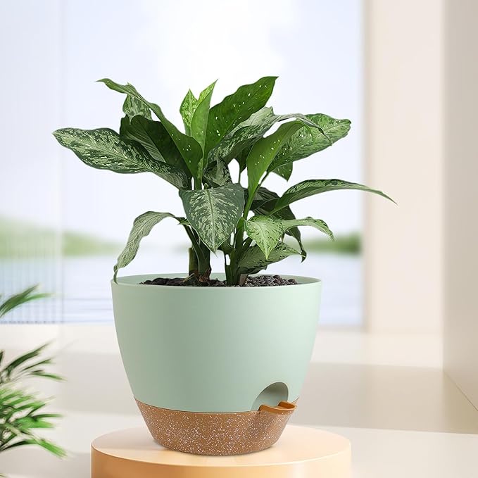 Meowell 12 inch Large Self Watering Pots, Plant Pots with Mesh Drainage Holes for Indoor Outdoor Plants, Plastic Planters with Deep Reservoir for Garden House Flower Plants, Green with Brown