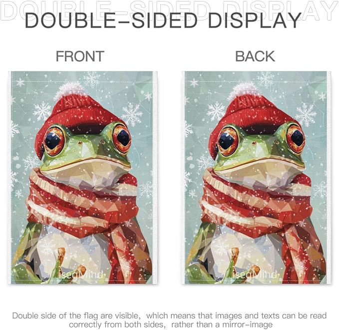 Frog with Red Scarf and Hat Snowflake Christmas Garden Flag, 28x40 Inch Double Sided Linen Holiday Red Winter Farmhouse Yard Outdoor Decoration (4342)
