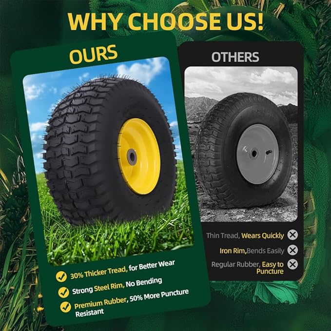 15x6.00-6nhs Lawn Mower Tires Tubeless (2 Pack),Replacement Riding Lawn Mower Front Tires,Compatible withRiding Mowers and Lawn Tractor, 3" Centered Hub and 3/4" Bushings（Yellow)