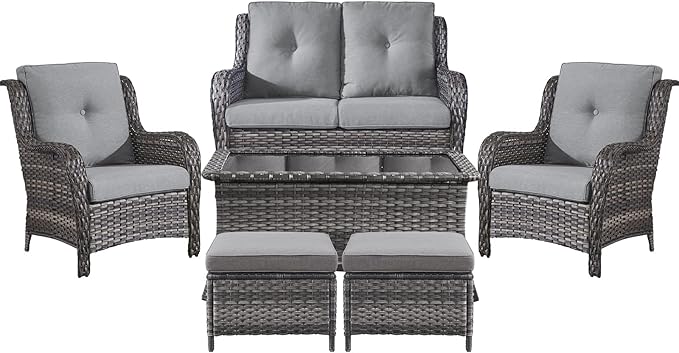Belord 6 Pieces Patio Furniture Set Outdoor Wicker Furniture, 2 Patio Wicker Chairs with 1 Loveseat Sofa, Coffee Table and Ottomans, Patio Conversation Set for Porch Garden Deck Balcony Poolside