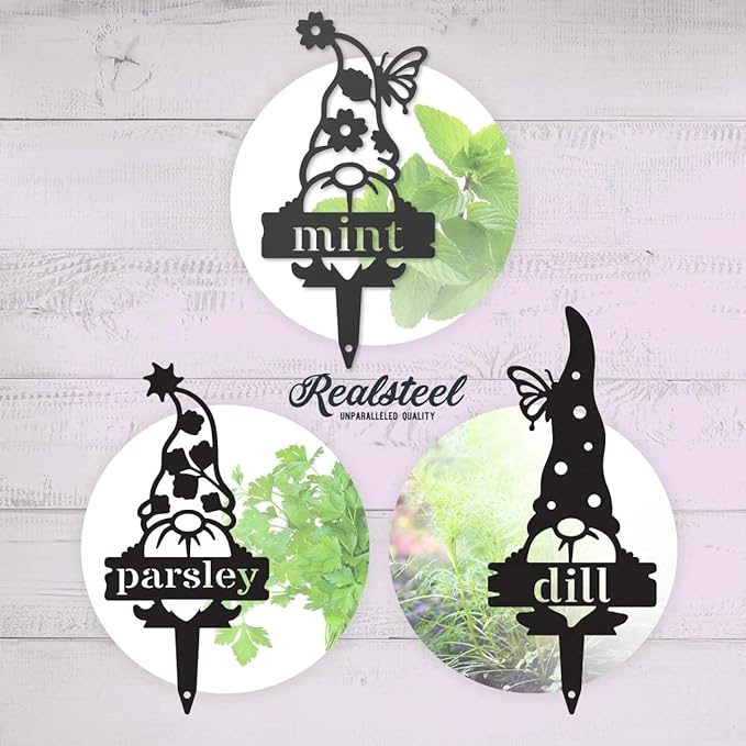 RealSteel Brand, Gnome Plant Markers for Outdoors, Garden Labels Metal Stake, Plant Tags, Garden Sign for Vegetables, Outdoor Decorations, Yard and Gardening Gift - Rosemary