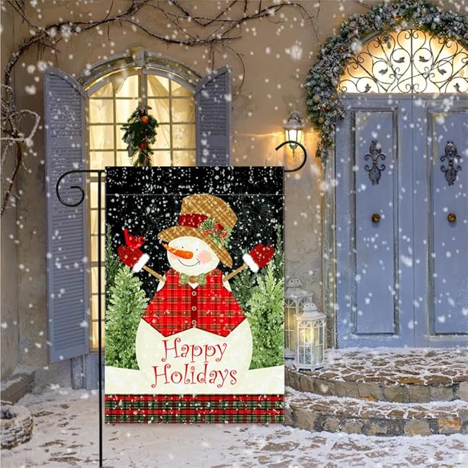 Snowman Garden Flag 12.5 x 18 Inch Double Sided Home Decor, Happy Holiday Christmas New Year House Outside Outdoor Winter Burlap Banner Yard Flag Decoration