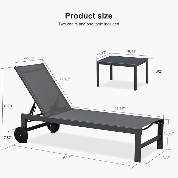 PURPLE LEAF Patio Lounge Chair Set for 2 Outdoor Chaise Lounge with Adjustable Backrest and Easy-to-Move Wheels Aluminum Reclining Lounge Chair for Outside Yard Pool Side Table Included, Charcoal Grey