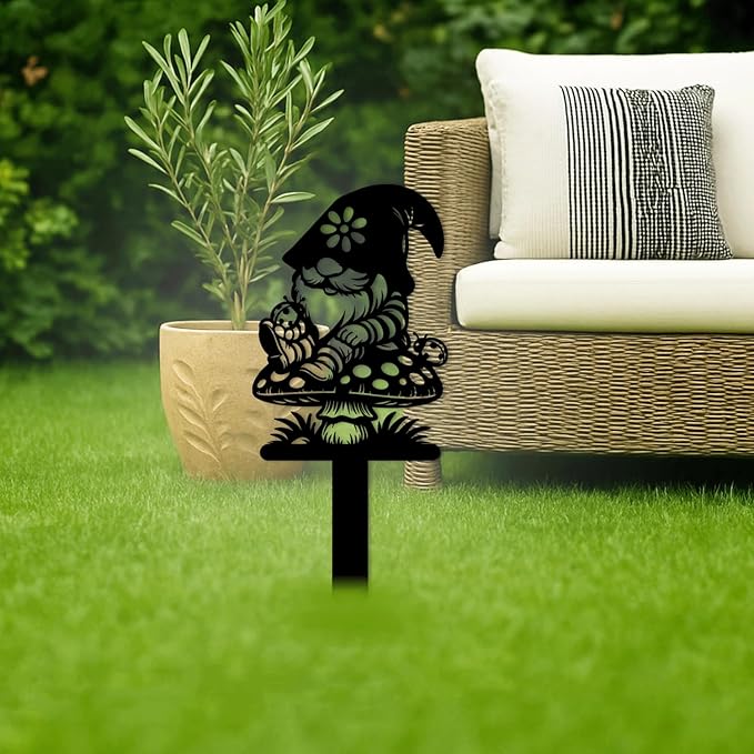 Magilab Personalized Iron Yard Stake - Christmas Cute Gnome Dwarves Decor, 8-Inch Black Metal Garden Sign for Outdoor (Style G)