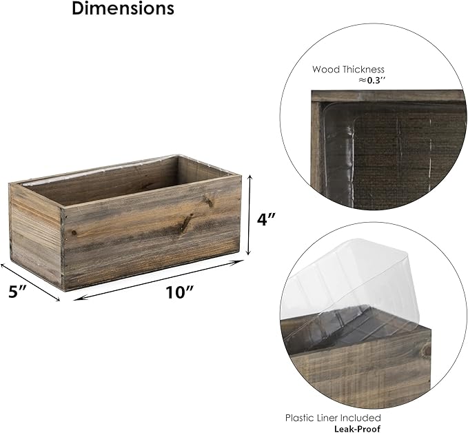 CYS EXCEL Small Natural Brown Wood Rectangle Planter with Removable Plastic Liner (H:4" Open:10"x5") Country Rustic Indoor Decorative Box for Flower Succulent