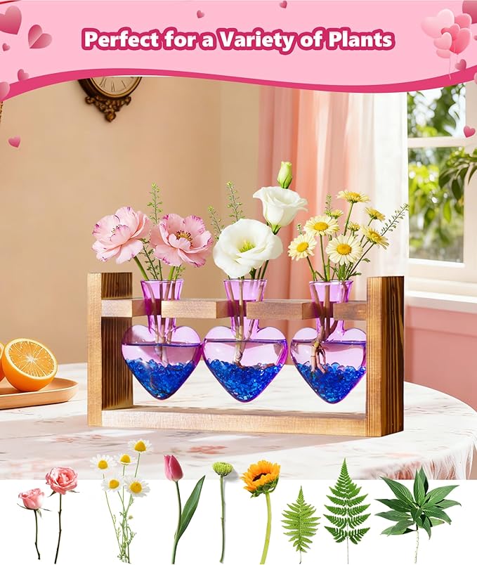Nacome Plant Terrarium Propagation Stations: Valentines Day Gifts for Her Plant Lovers Women Mom Wife Daughter - 3 Bulb Glass Vase with Wooden Stand Tabletop for Hydroponics Indoor Home Decor(Purple)
