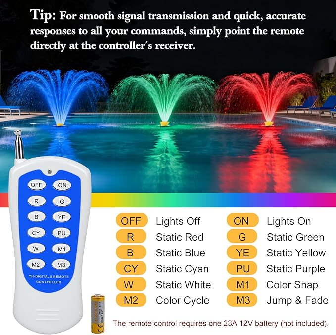 Pond Fountain Aerator with Lights Burnvale BU-F5, 2 RGB LED 1HP 15000 GPH Floating Aerating Fountain with Timer, 100FT Power Cord and Rope Aerator Water Pump, for Large Outdoor Ponds Lakes and Pool