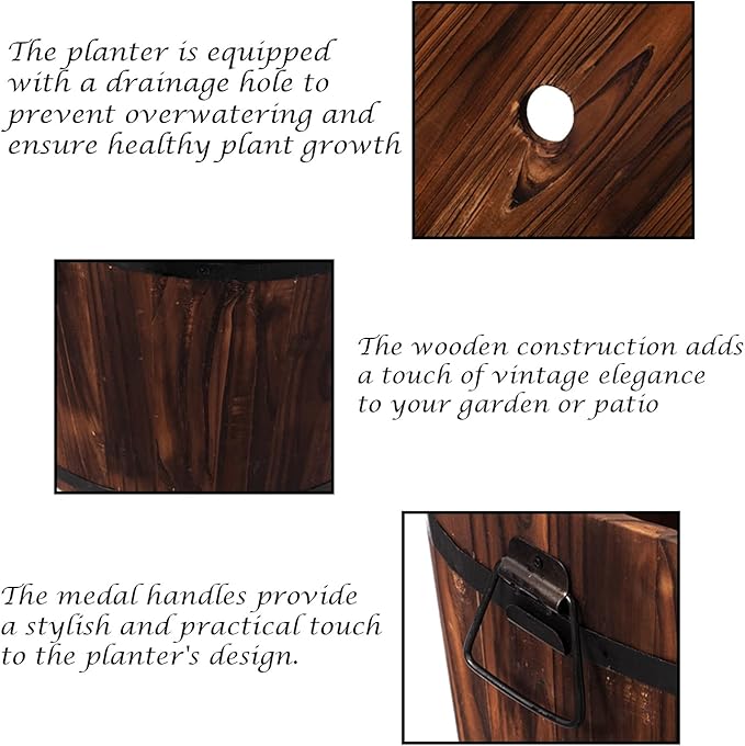 Rustic Wooden Whiskey Barrel Planter with Durable Medal Handles and Drainage Hole - Perfect for Indoor and Outdoor Plants, Herbs, and Vegetables - Small