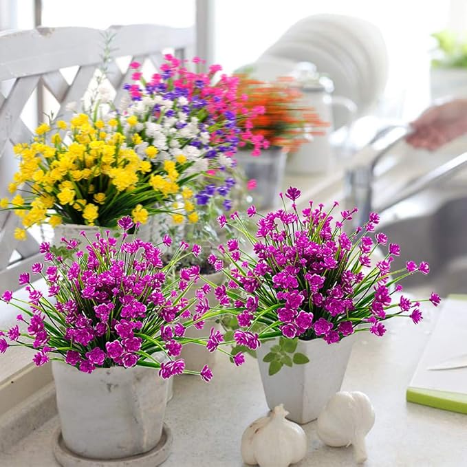 Grunyia 10 Bundles Artificial Flowers Outdoor UV Resistant Fake Plants Indoor Outside Hanging Planter Home Garden Decor (Purple)
