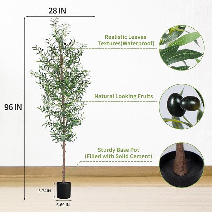 Faux Olive Tree 8FT，Olive Trees Artificial Outdoor Trunk and Realistic 1574 Leaves and 48 Fruits 8 Feet(96in) Fake Olive Tree for Modern Home Decor Indoor 2Pack