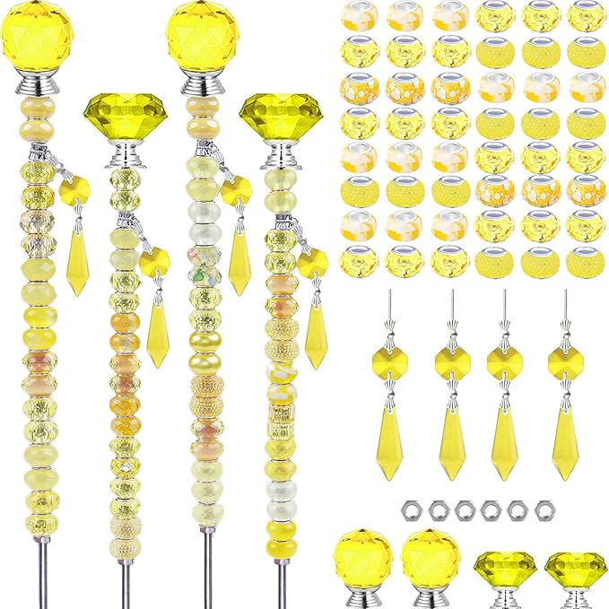 121 Pcs DIY Fairy Wand Beaded Garden Stakes Kit, Fairy Wands Garden Kit Yellow Large Hole Bead with Pendants Crystal Stopper Top Threaded Rod Beaded Garden Stakes Supplies for Outdoor Decorative