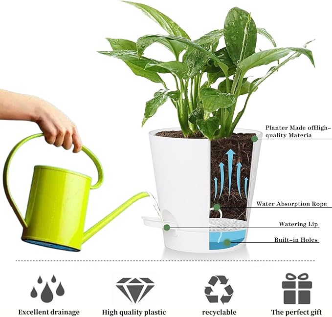 zople 5 Pack 5 inch Self-Watering Pots, African Violets Planter with Drainage Holes and Reservoir, White Plastic Planter for Indoor Outdoor Plants Flowers and Houseplants White, 5 inch 5 pcs