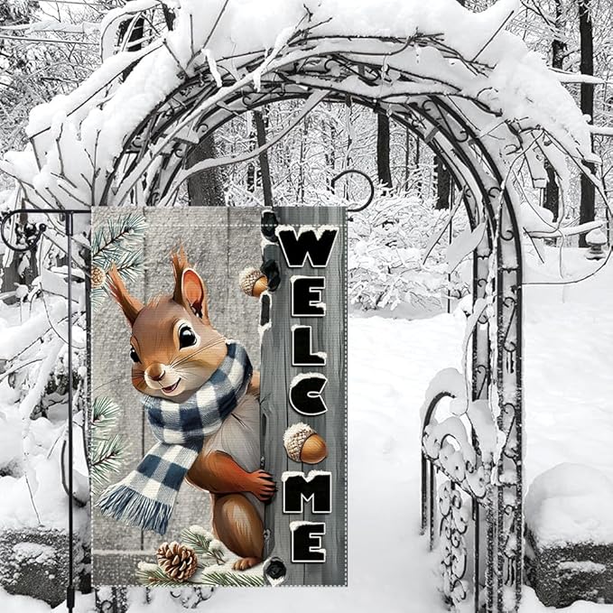 Welcome Garden Flag 12x18inch The Nut Squirrel Winter Garden Flags Yard Porch House Flag Double-Side For Home Outdoor Yard Patio Lawn Decor,Christmas Garden Decorations (RMQ-42, 12"X18")