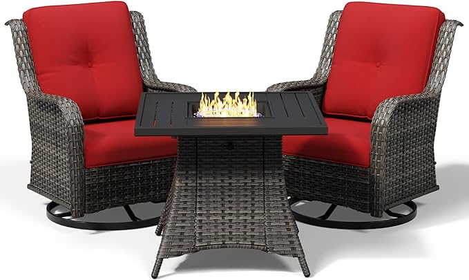 Joyside 3 Piece Wicker Patio Furniture Set with Fire Pit Table, Outdoor Swivel Rocker Patio Chairs with High Back, Deep Seating, Wide Armrest, Thickened Cushions, Outdoor Furniture for Deck, Porch Use