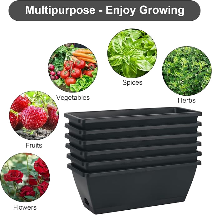 HOXHA Window Box Planter, 6 Pack 17inch Plastic Vegetable Flower Planter Boxes with Tray, Indoor Outdoor Flower Pots for Windowsill, Patio, Porch, Garden Balcony, Dark Gray