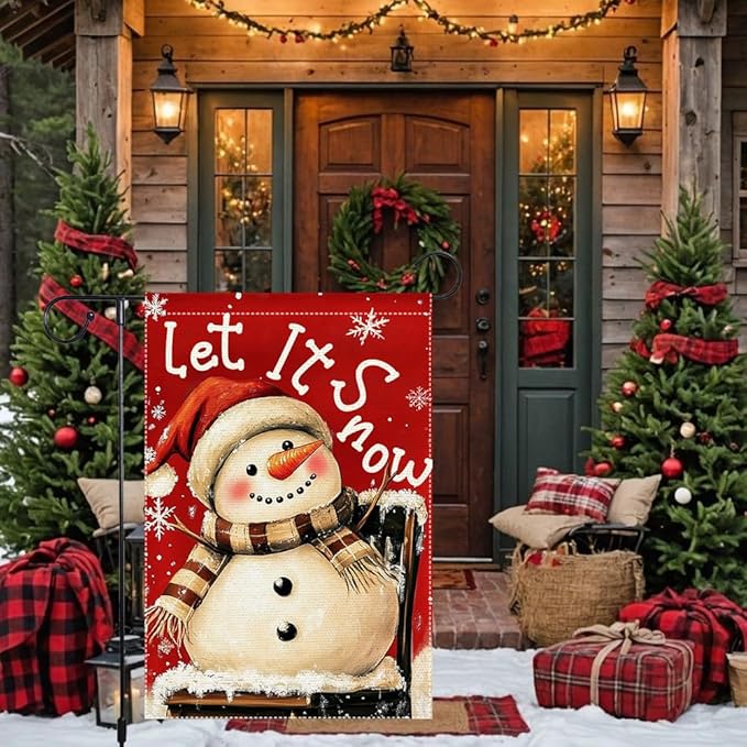 Christmas Snowman Garden Flag 12x18 Inch Double Sided Burlap Holiday Yard Decoration Santa Hat and Scarf Snowflake Design Outdoor Welcome Banner