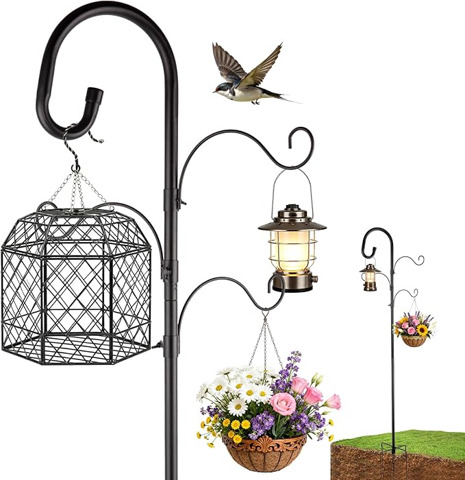 Eyrizon 4-Hook Bird Feeder Pole for Outdoor,92 Inch Heavy Duty Shepherds Hooks with 5 Prongs Base,Adjustable Garden Hook for Hanging Plant,Hummingbird Feeder,Solar Light,Lantern