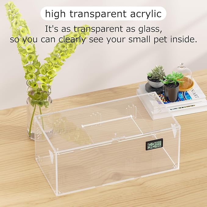 Giznzg Acrylic Tarantula Enclosure, Reptile Terrarium Breeding Tank w/Temperature Hygrometer,Habitat Reptiles Feeding Box Isopod Terrarium Cage for Insect Lizard Home Office (Reptile-Tank-L(No Tray))