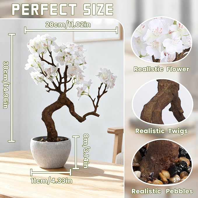 TOARTi Artificial White Cherry Blossom Potted Plant with Stone Pot, 12.2" Tall Fake Flowers Faux Plant Desk Decor, Decorative Plants Indoor Decor for for Home Bedroom Bathroom Office Desk