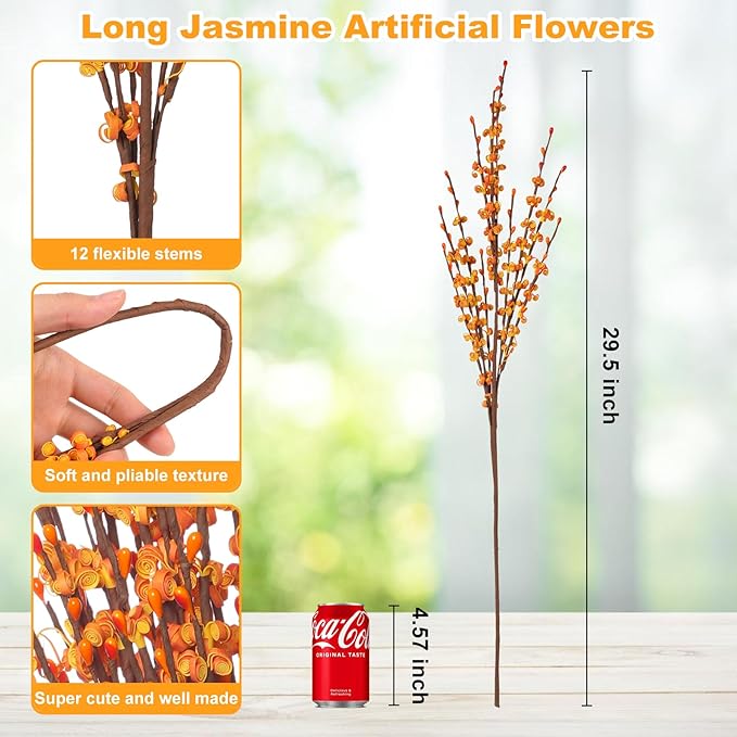 10 Pcs 29.5" Fall Stem Orange Jasmine Fall Flowers Dry Branches Bouquet for Home DIY Floral Art Plant Wedding Orange Fake Flowers (Autumn Yellow)
