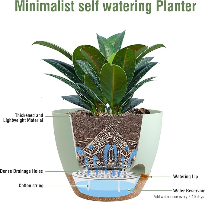 Meowell 12 inch Large Self Watering Pots, Plant Pots with Mesh Drainage Holes for Indoor Outdoor Plants, Plastic Planters with Deep Reservoir for Garden House Flower Plants, Green with Brown