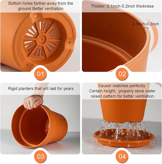 RooTrimmer 3-Pack 8/9/10 Inch Plastic Plant Pots with Saucers – Durable BPA-Free Planters with 21 Drainage Holes, Raised Bottom Breath and Bottom Watering Design for Indoor & Outdoor – Orange
