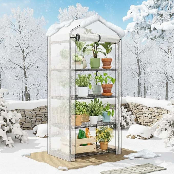 Superlele Mini Greenhouse, 4 Tier Indoor Greenhouse, 19.3x27.2x62in Vertical Plant Green House with Adjustable Shelves, Reinforced White PE Mesh Cover, Heavy Duty Steel Frame for Outdoor