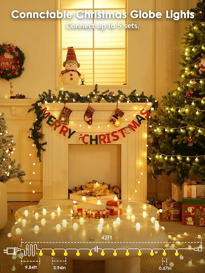 LORRYTE 2026 New Connectable 43FT Smart Voice Controlled Globe String Lights Indoor Outdoor | 100LED Warm White Fairy Lights with Remote & Timer | 12 Modes Waterproof Room Classroom Decorations