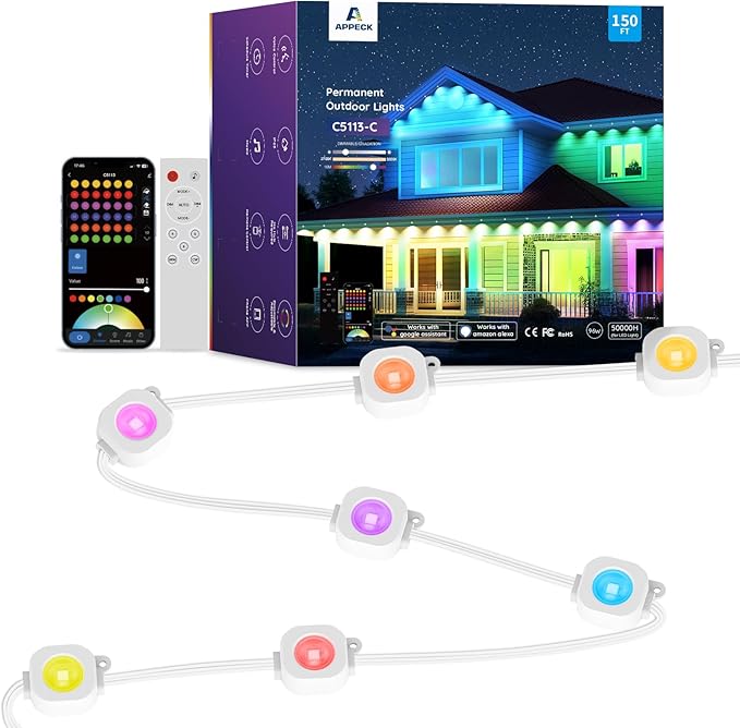 APPECK Permanent Outdoor Lights 150ft,RGBW Eaves Light with 108 LED Lights,111+ Scenes Modes Outdoor Lighting, Waterproof Permanent Light for Daily Holiday Decorations, Works with Alexa,White