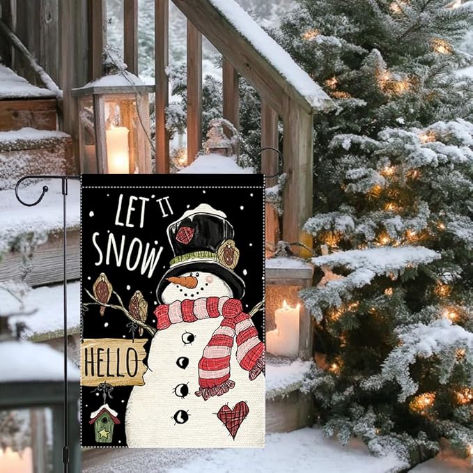 Winter Garden Flag 12x18 Inch Double Sided Burlap Outdoor Seasonal Decoration Cute Snowman with Black Top Hat Red Scarf Let It Snow Welcome Flag for Yard Patio Porch