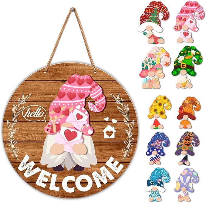 Interchangeable Gnome Welcome Sign Valentine's Day Porch Decor, Changeable Wooden Gnomes Front Door Decoration Wreath Hanger for Spring Summer Fall Winter All Seasons Holiday, Red Brown