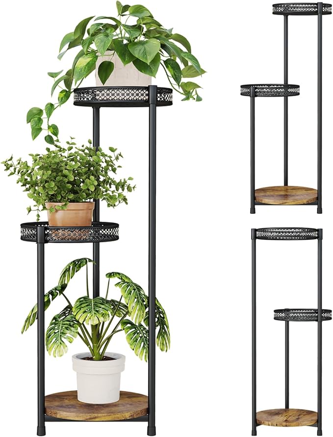Atpddpey Plant Stand Indoor Outdoor,3 Tier Metal Wood Plant Stand for Multiple Plants,Black Tall Narrow Plants Display Organizer for Corner Living Room Porch Patio Garden Office