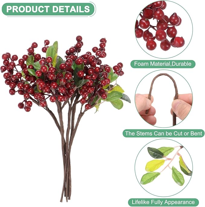 6-Pack Artificial Berry, 9.8 Inch Faux Holly Berry Foam Faux Frosted Berries with Stems for Home/Wedding/Christmas/DIY/Party/Garden/Office [Bright Red]