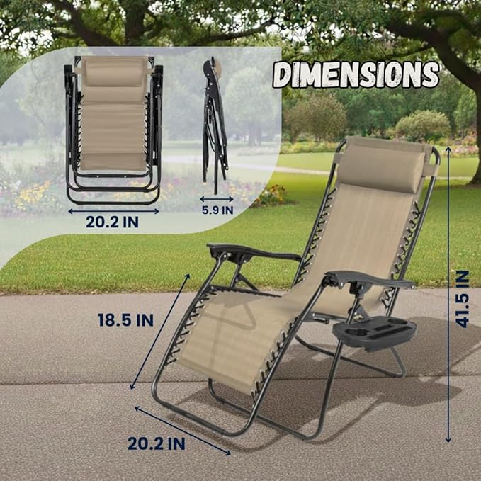 EZONE 1 - Chair Zero Gravity Lounge Chair Outdoor Adjustable Reclining Patio Chair Steel Mesh Folding Recliner for Pool Beach Camping Lounge Chair with Pillow and Cup Tray (1, Beige)