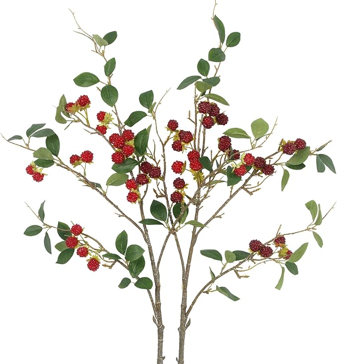 2 Pcs Faux Berry Stems Realistic Red Raspberry Berries Flowers Faux Berry Picks Artificial Flowers Branches for Indoor Home Decor Vase Thanksgiving Farmhouse Christmas DIY Mantel Harvest