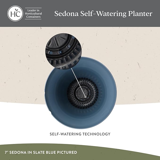 The HC Companies Sedona Round Self-Watering Pot - Lightweight Self Care Planter - Plastic Planter for Herbs & More - Durable Plant Pots for Indoor Plants & Outdoor Plants (16" Slate Blue, Pack of 1)