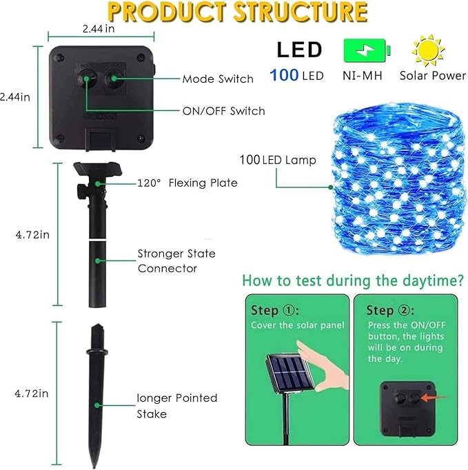 Solar String Lights Outdoor, 2-Pack Total 80FT 200 LED Solar Christmas Twinkle Lights Outside Waterproof Copper Wire 8 Modes Solar Fairy Lights for Garden Tree Party Birthday Christmas Decor (Blue)