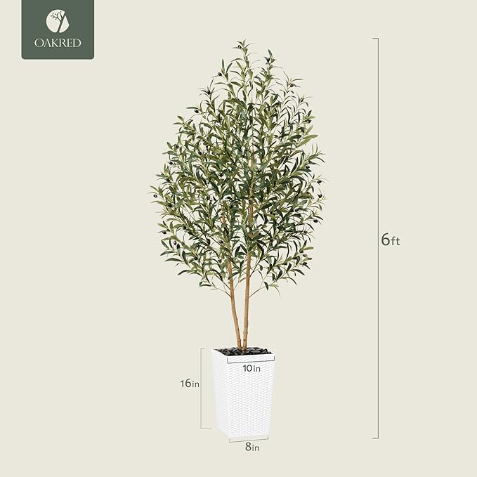 OAKRED Artificial Olive Tree 6FT Faux Olive Tree - Adjustable Branches UV Resistant with White Taper Planter and Pebbles - Faux Plants Indoor for Living Room, Office Decor and Bedroom