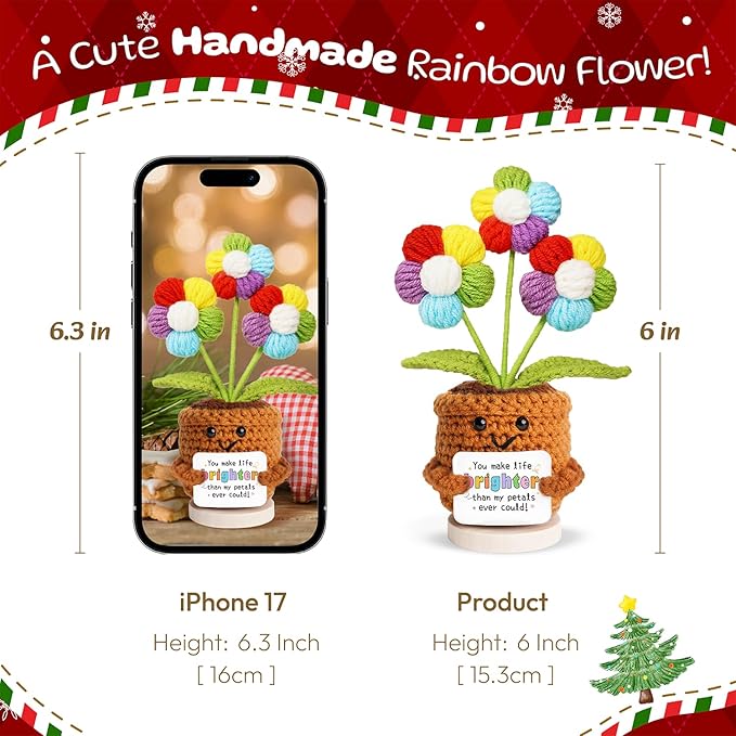 penzoos Emotional Vessels – Rainbow Crochet Flower “You Make Life Brighter”, Handmade Thinking of You Gift for Women, Get Well or Encouragement Present, with Hidden Card “for You with Love”