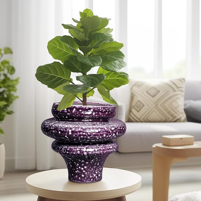 Teagas Ceramic Plant Pots - 11 Inch Ceramic Planters for Indoor Outdoor Plants, Large Unique Flower Pots with Drainage Hole, Decorative Planters, Home Decor, Plants Lover Gifts, Purple