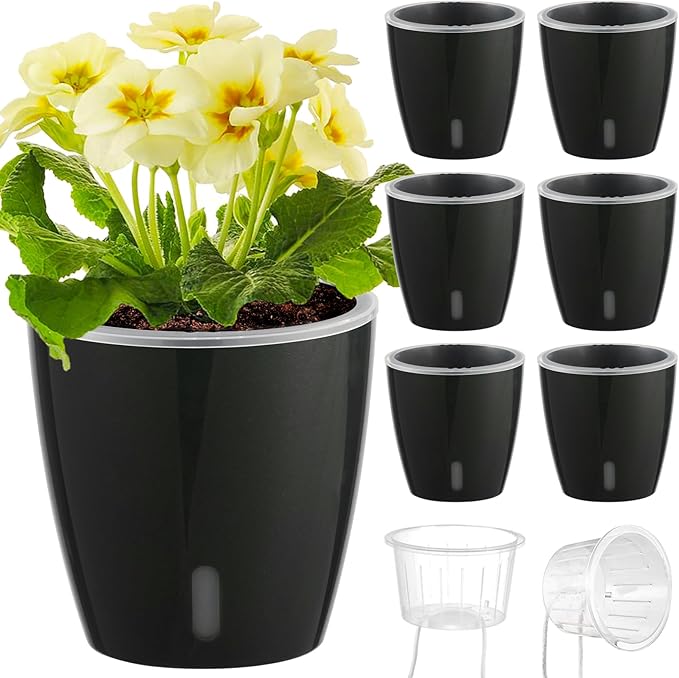 KvyusFlourish Self Watering Pots for Indoor Plants, 6-Pack 5'' Self Watering Planter with Drainage Holes, Small African Violet Pots with Water Indicator, Clear Wick Orchid Pot, Black