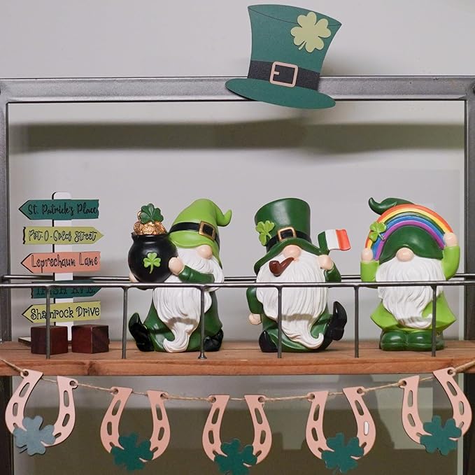 St Patrick's Day Decorations Gnome-Figurines - Set of 3 Gnome Statue with Shamrock Pot of Gold Resin St. Patricks Day Faceless Dolls Farmhouse Décor for Tabletop Home 3*2.75*4.5 in Newman House Studio