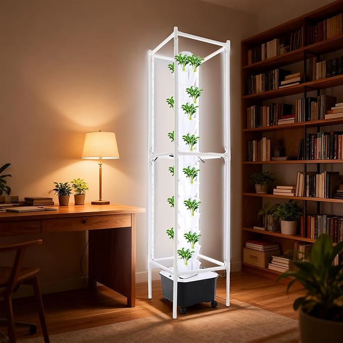 Hydroponics Growing System, 70 Pods Large Vertical Hydroponic Growing Tower with 360° LED Grow Light, 14-Tier Indoor Gardening System for Herb Vegetable Fruit (White+Black)