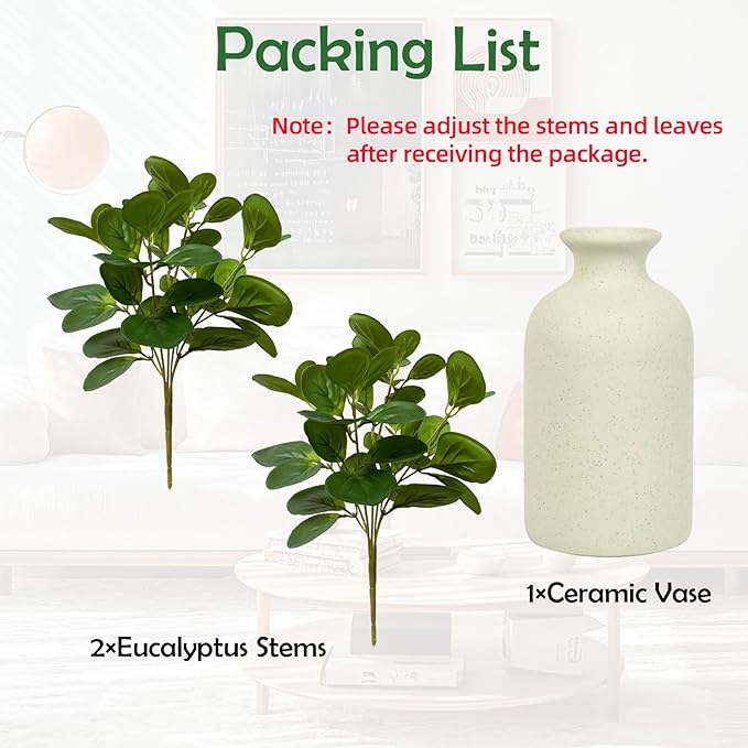 Haiyxinn Small Fake Plant in Ceramics Pot, Eucalyptus Potted Artificial Plants Indoor 14" Artificial Greenery UV Resistant Faux Eucalyptus Plant for Bathroom Shelf Office Desk Table Home Decor