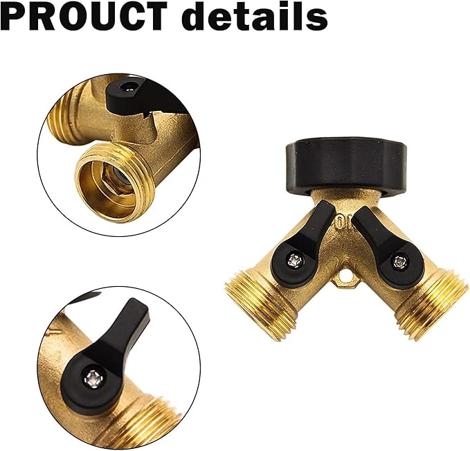 Hourleey 2 Pack Brass Garden Hose Splitter 2 Way, 3/4 Inch Hose Connector Tap Splitter, Hose Y Splitter, Hose Spigot Adapter 2 Valves with 4 Extra Rubber Washers